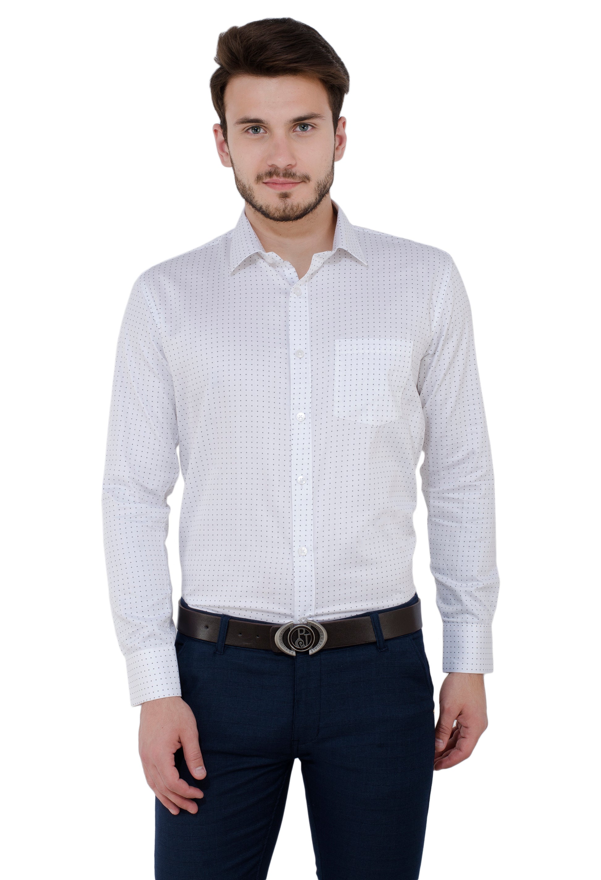 Aurum Luxe Men’s 100% Cotton – Micro Cross Dot White Shirt