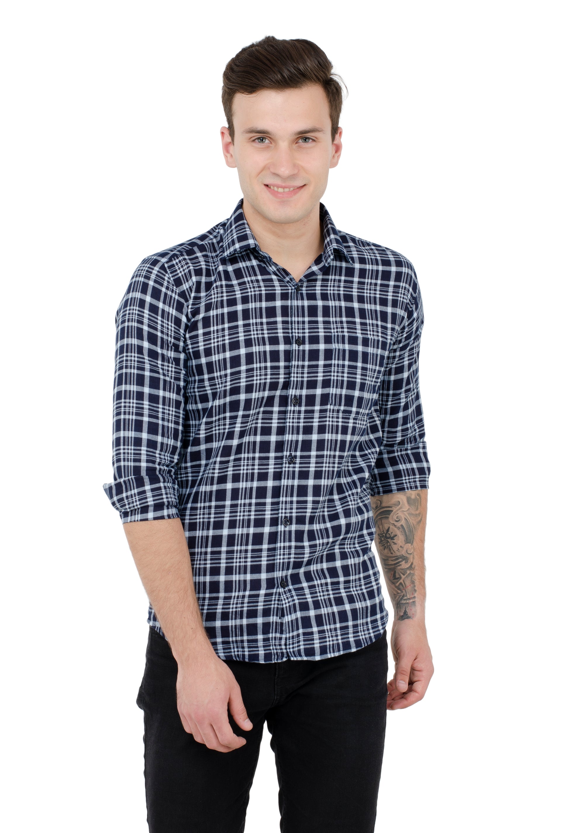 Aurum Luxe Men’s 100% Cotton Casual Shirt – Navy Blue & White Checks