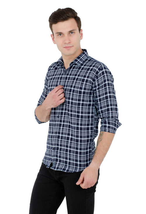 Aurum Luxe Men’s 100% Cotton Casual Shirt – Navy Blue & White Checks