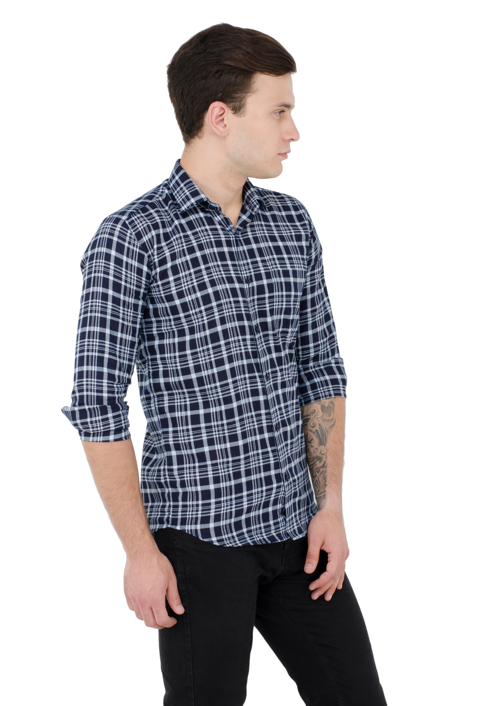 Aurum Luxe Men’s 100% Cotton Casual Shirt – Navy Blue & White Checks