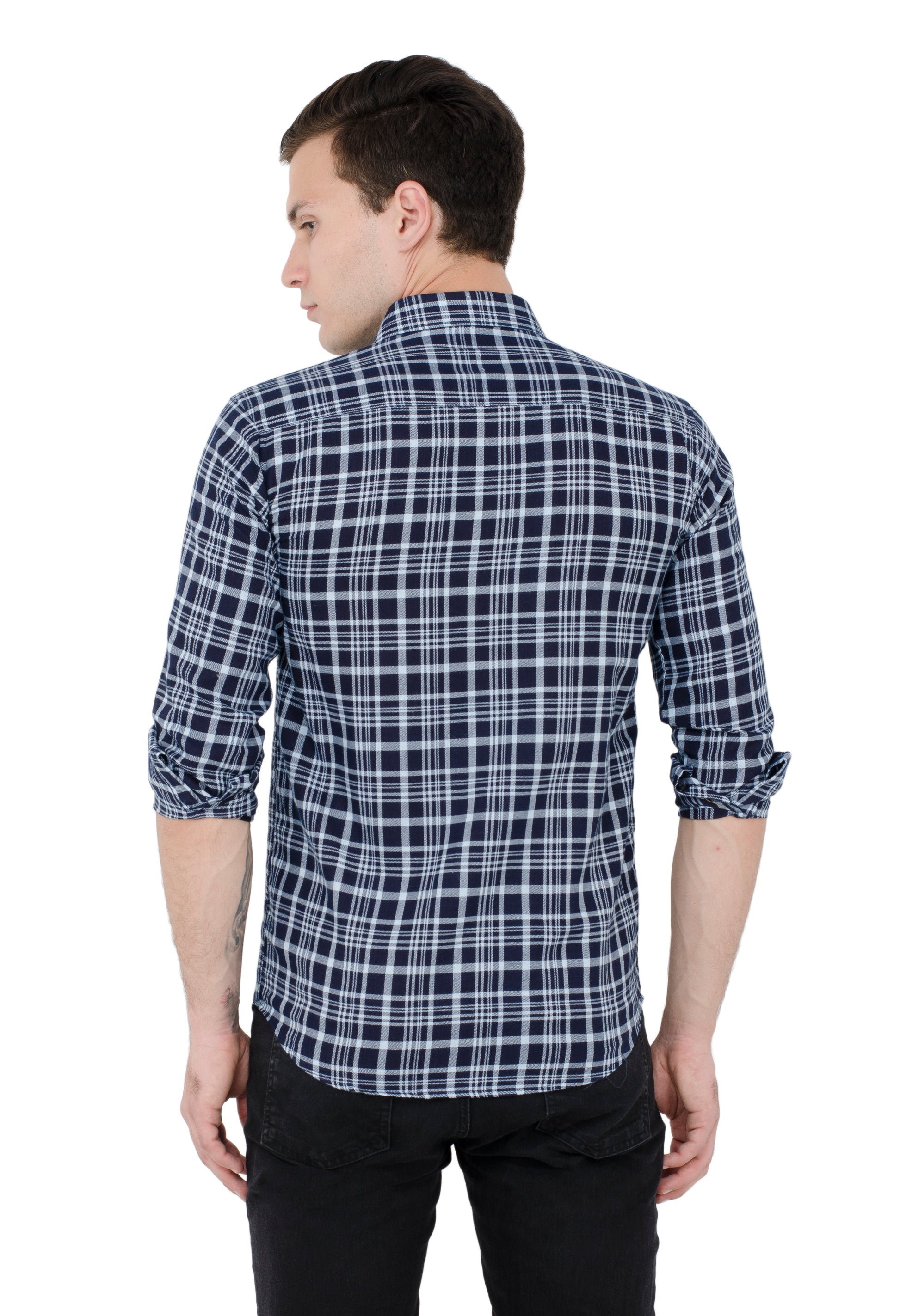 Aurum Luxe Men’s 100% Cotton Casual Shirt – Navy Blue & White Checks