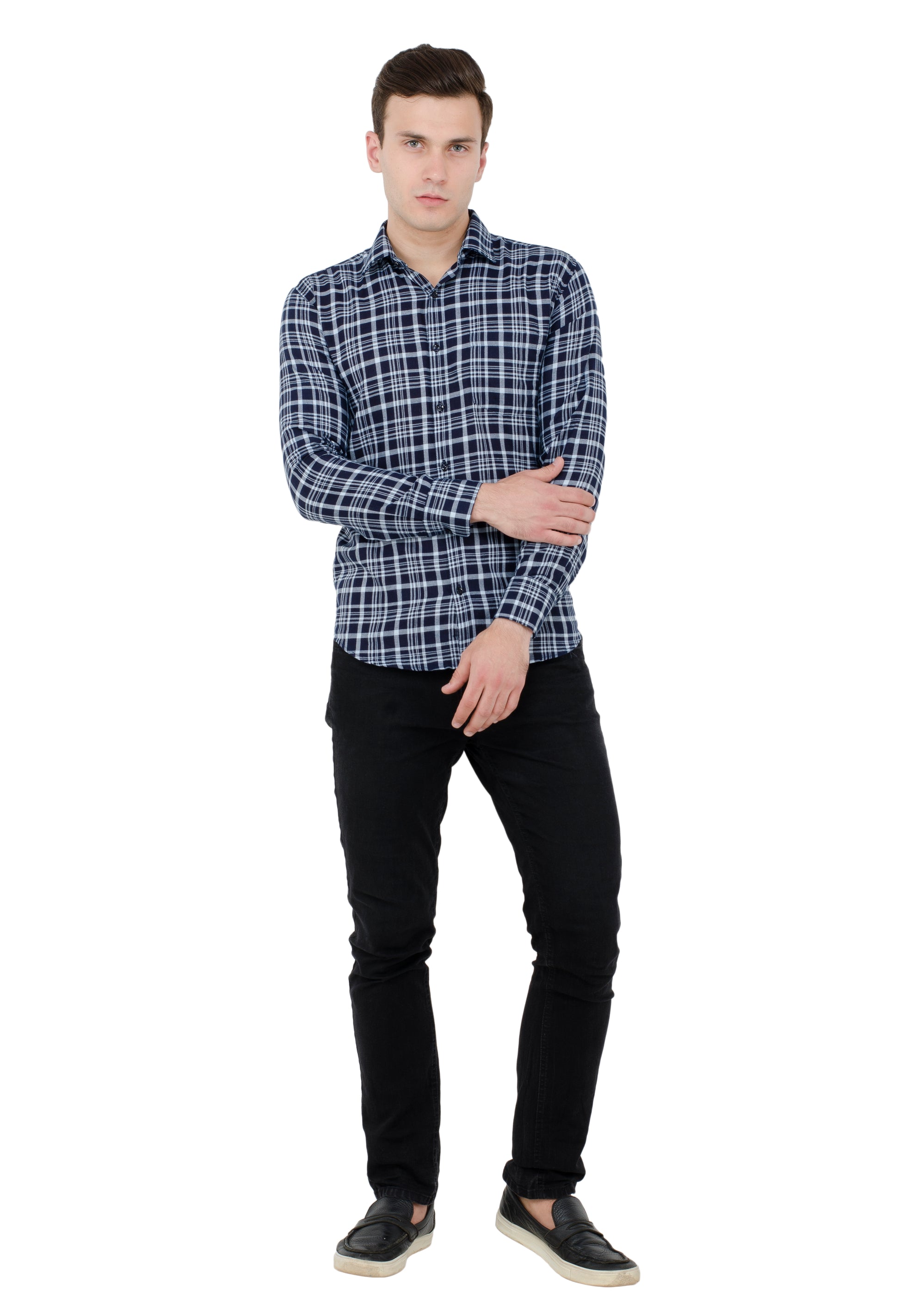 Aurum Luxe Men’s 100% Cotton Casual Shirt – Navy Blue & White Checks