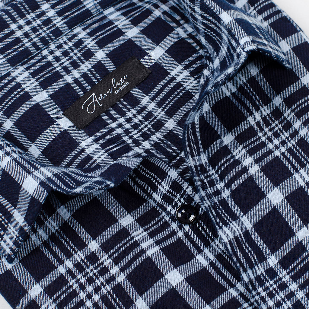 Aurum Luxe Men’s 100% Cotton Casual Shirt – Navy Blue & White Checks