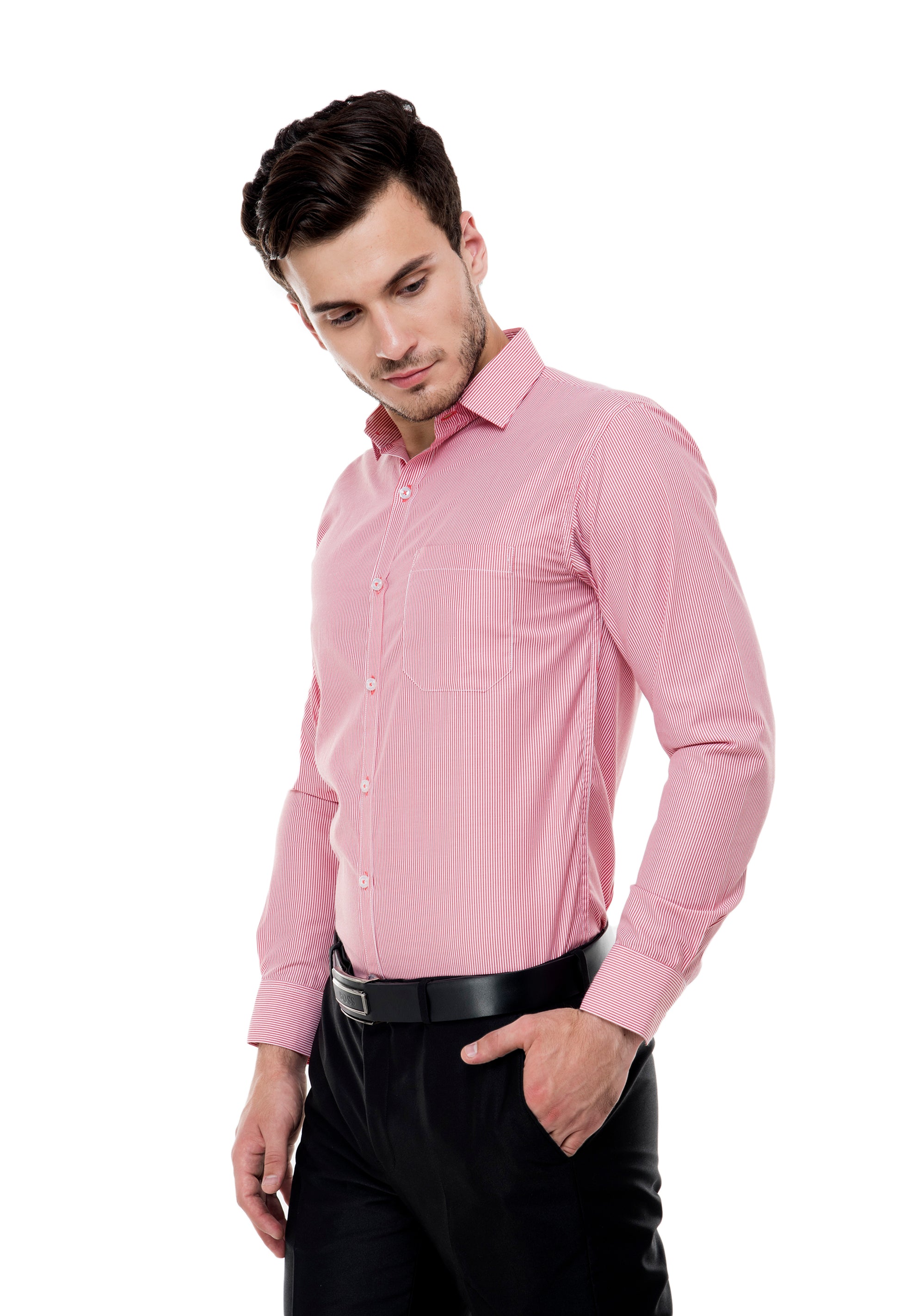 Aurum Luxe Men’s 100% Cotton Formal Shirt – Pink & White Stripes