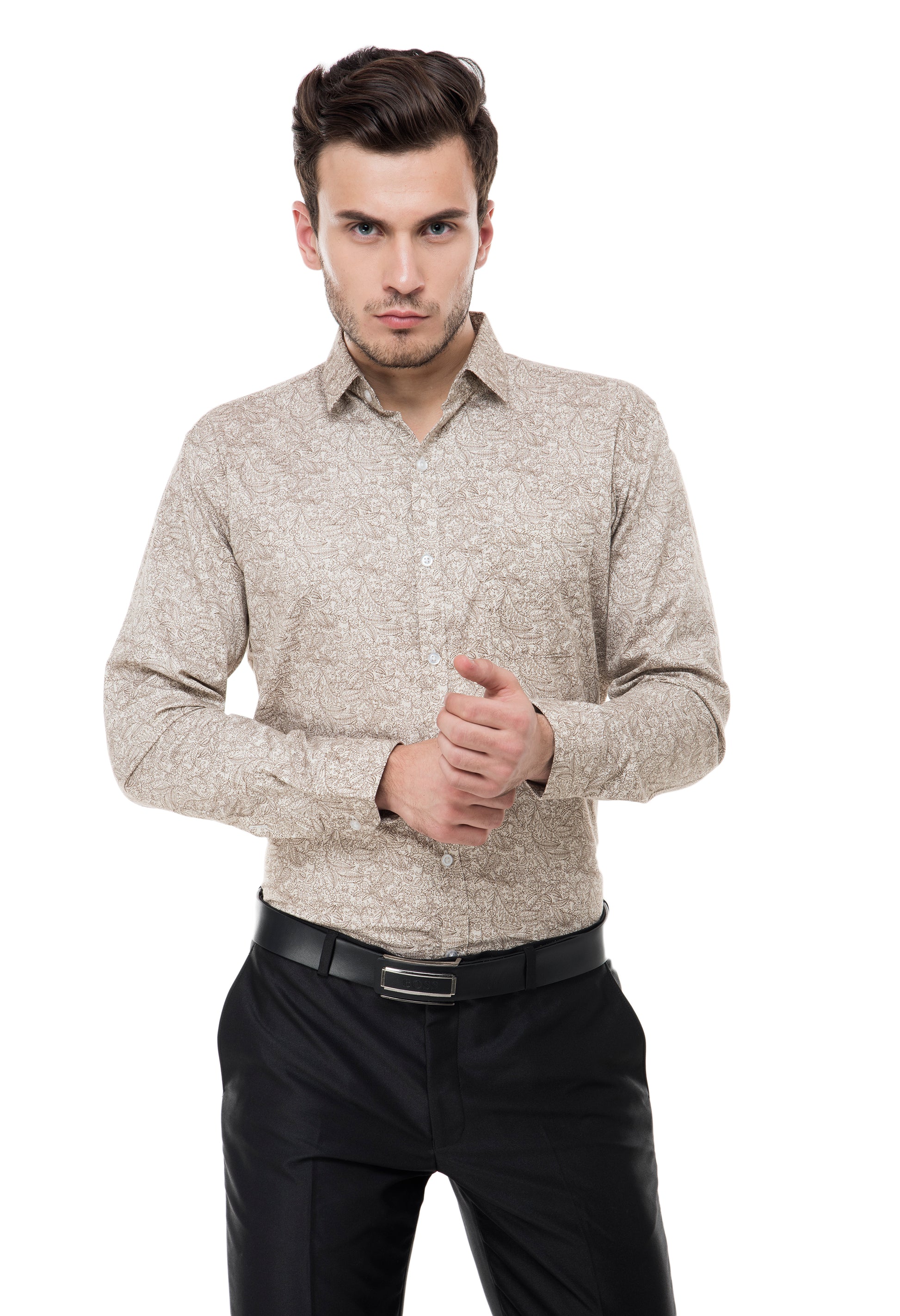 Men’s 100% Cotton Printed Shirt – Beige Floral Pattern | Aurum Luxe