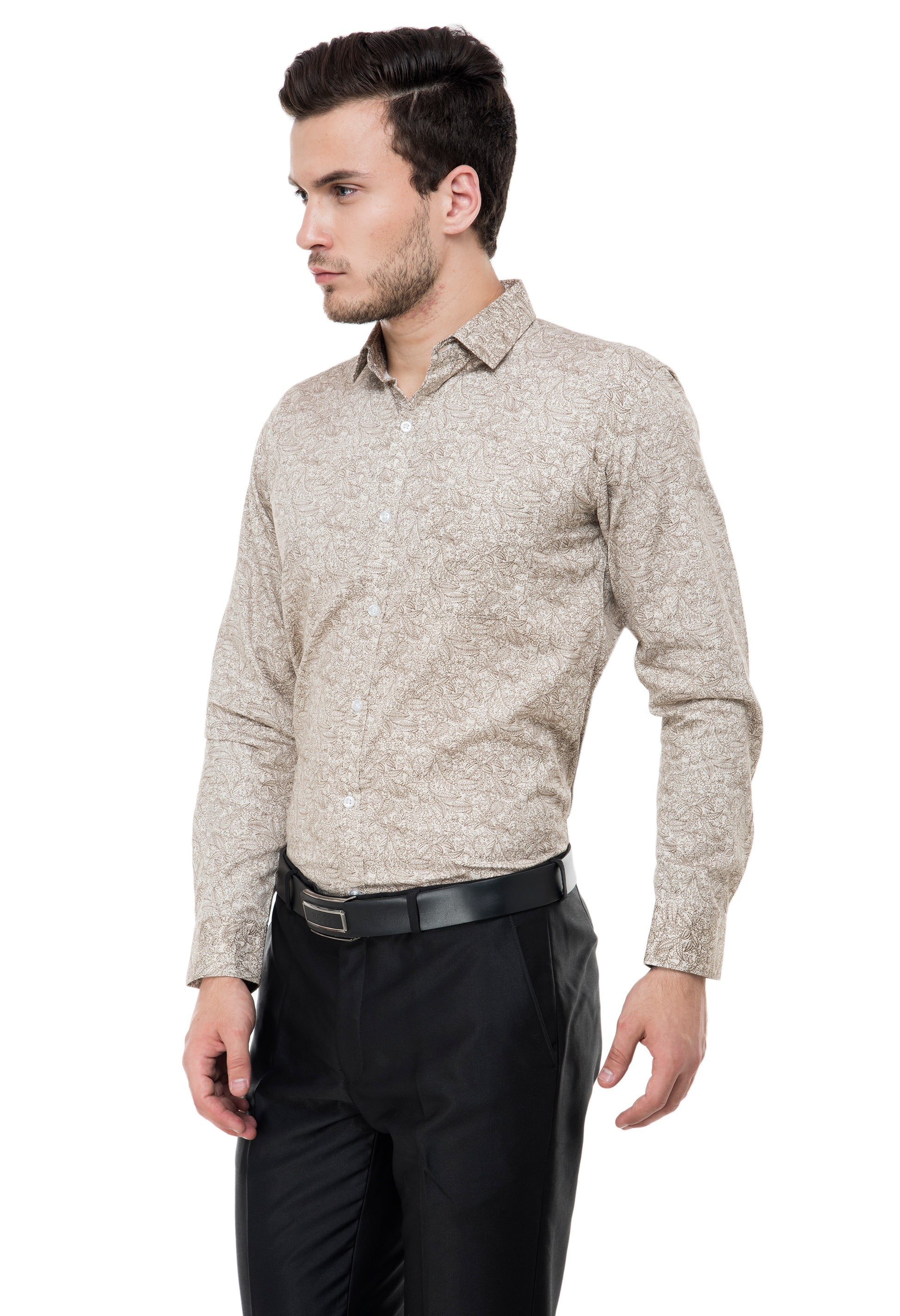 Men’s 100% Cotton Printed Shirt – Beige Floral Pattern | Aurum Luxe