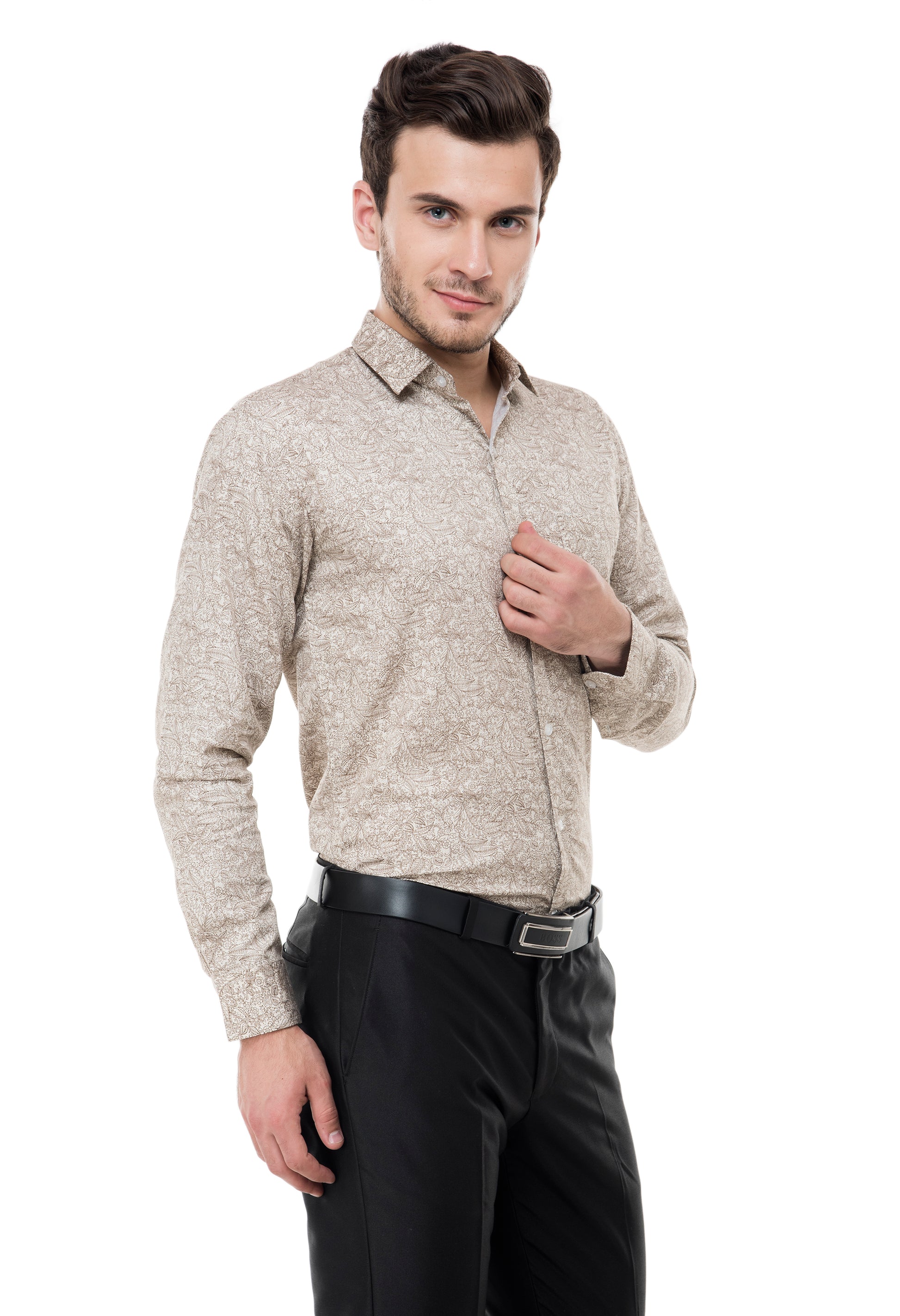 Men’s 100% Cotton Printed Shirt – Beige Floral Pattern | Aurum Luxe