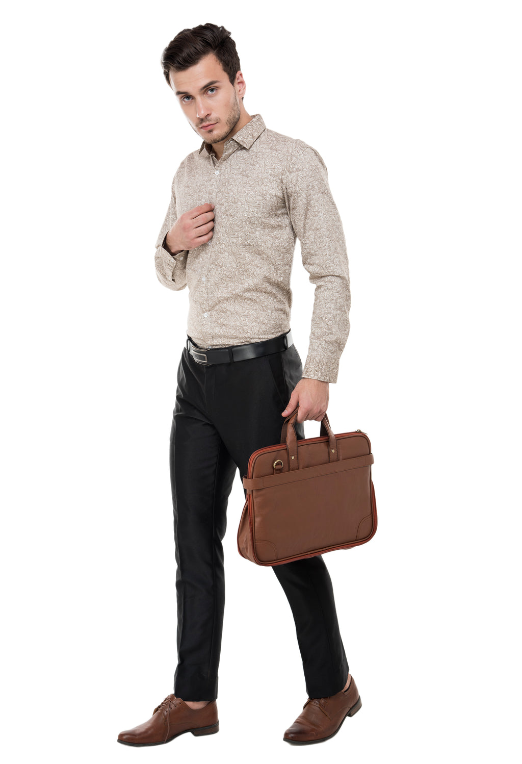 Men’s 100% Cotton Printed Shirt – Beige Floral Pattern | Aurum Luxe