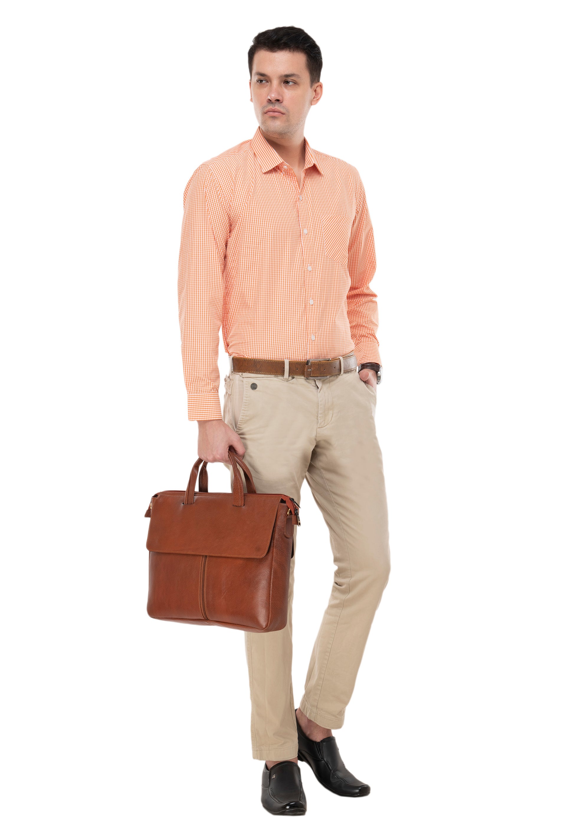 100% Cotton Orange Gingham Check Shirt for Men | Aurum Luxe