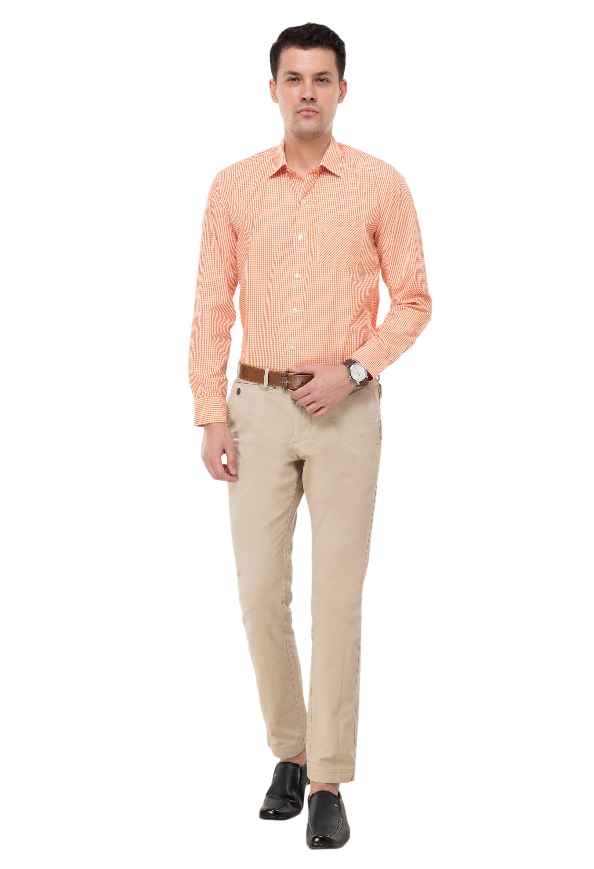 100% Cotton Orange Gingham Check Shirt for Men | Aurum Luxe