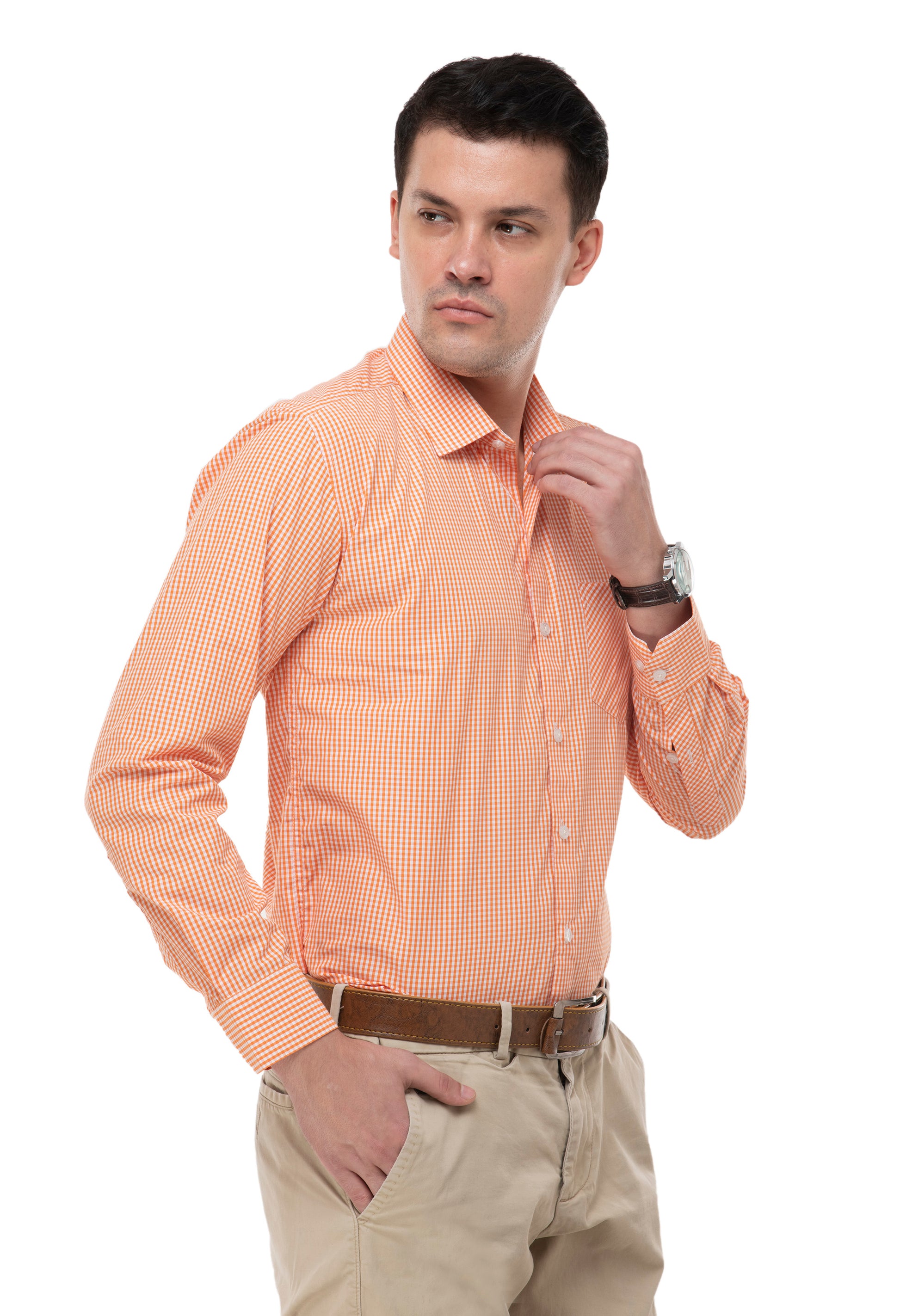 100% Cotton Orange Gingham Check Shirt for Men | Aurum Luxe