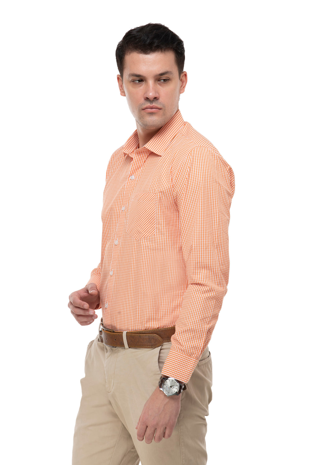 100% Cotton Orange Gingham Check Shirt for Men | Aurum Luxe