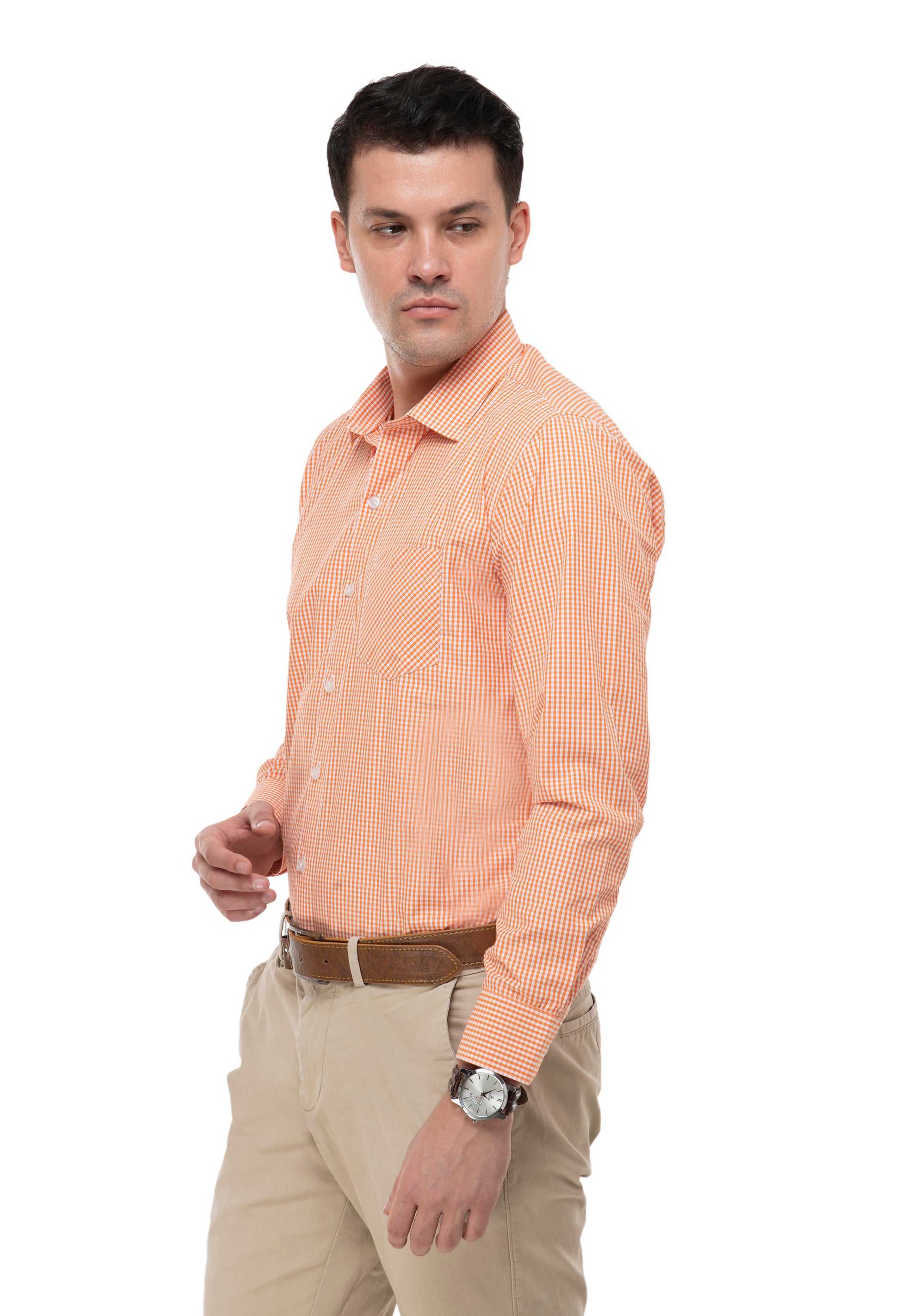 100% Cotton Orange Gingham Check Shirt for Men | Aurum Luxe
