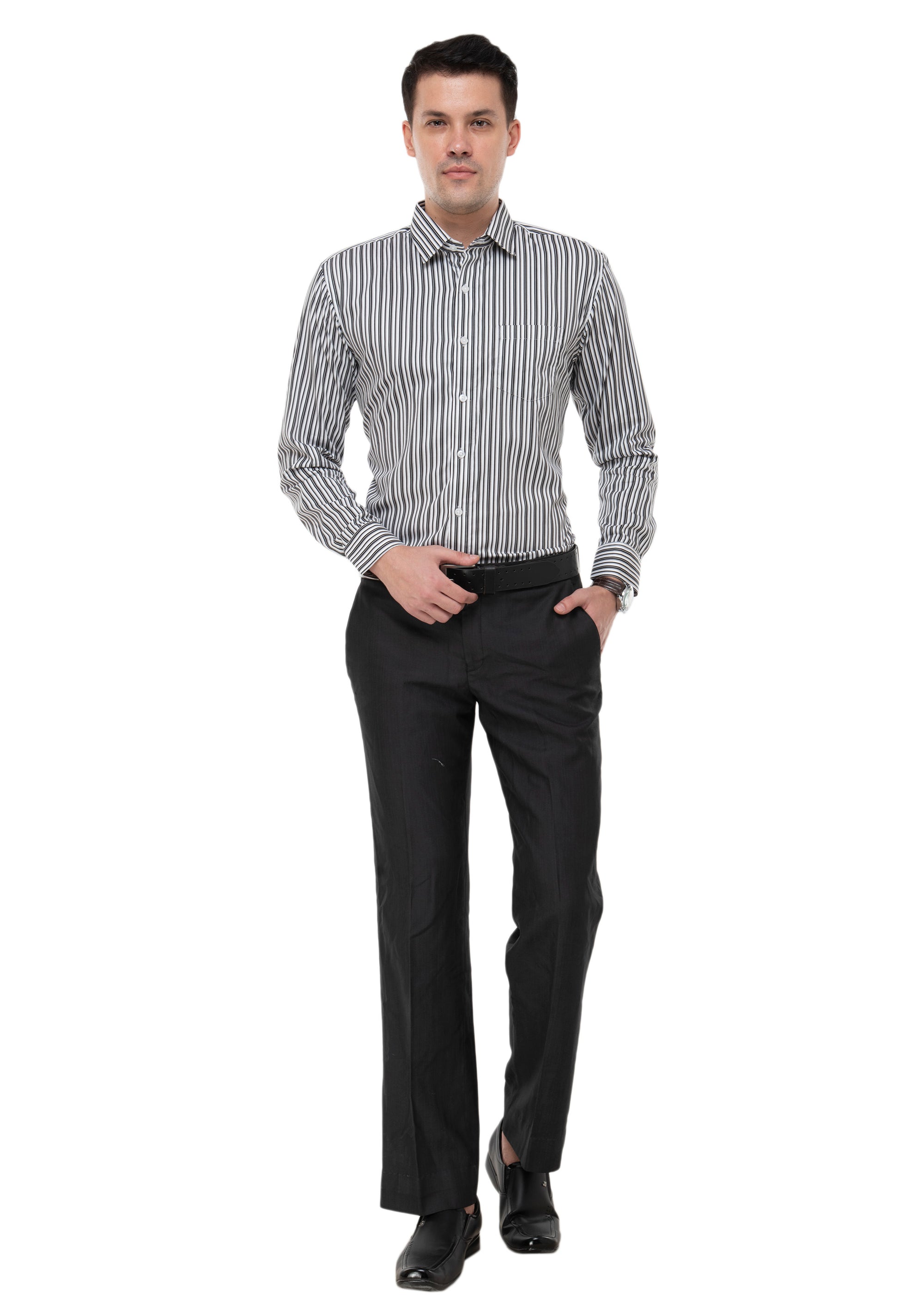 Aurum Luxe Men’s 100% Cotton Striped Shirt – Black & White Contrast