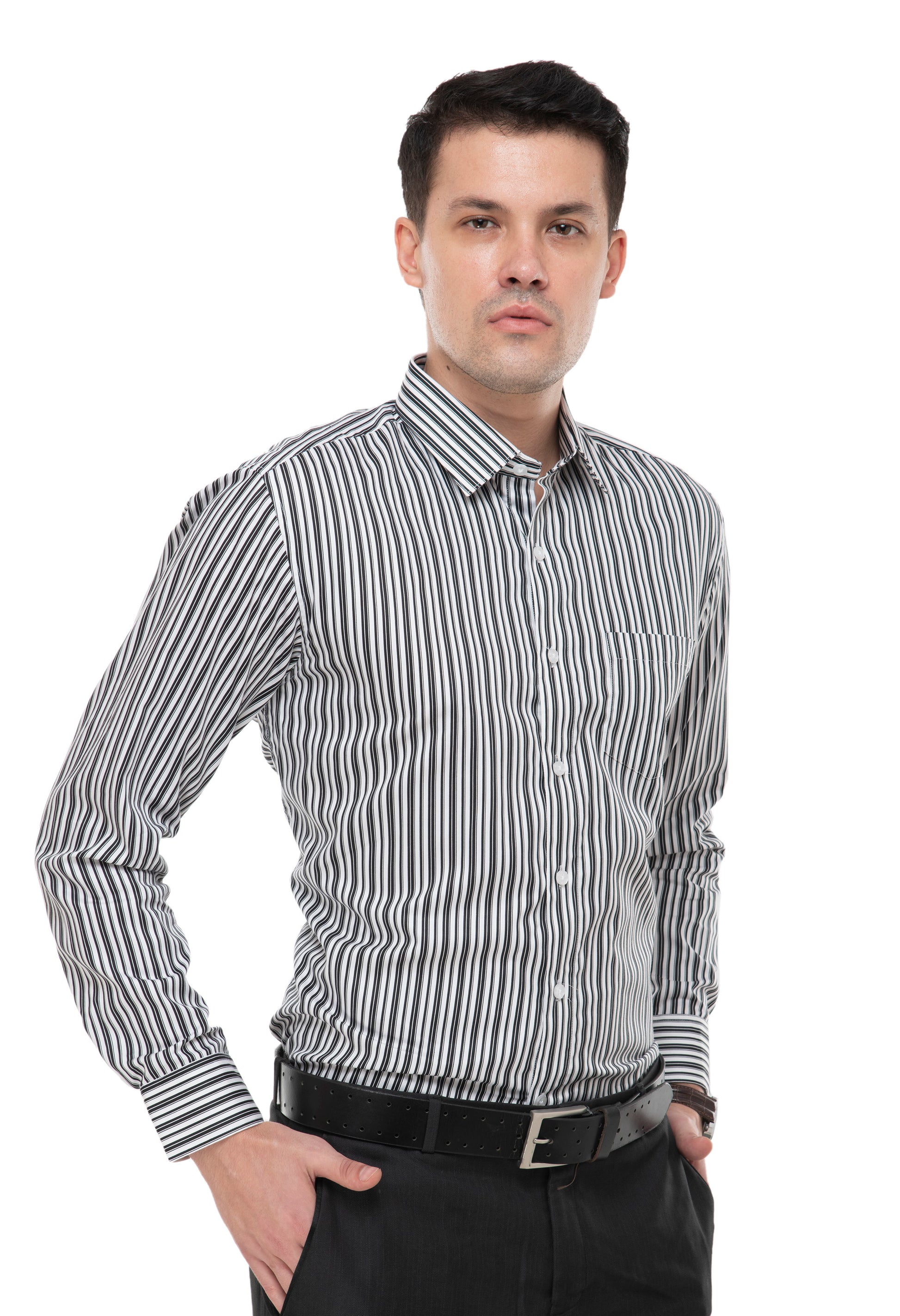 Aurum Luxe Men’s 100% Cotton Striped Shirt – Black & White Contrast
