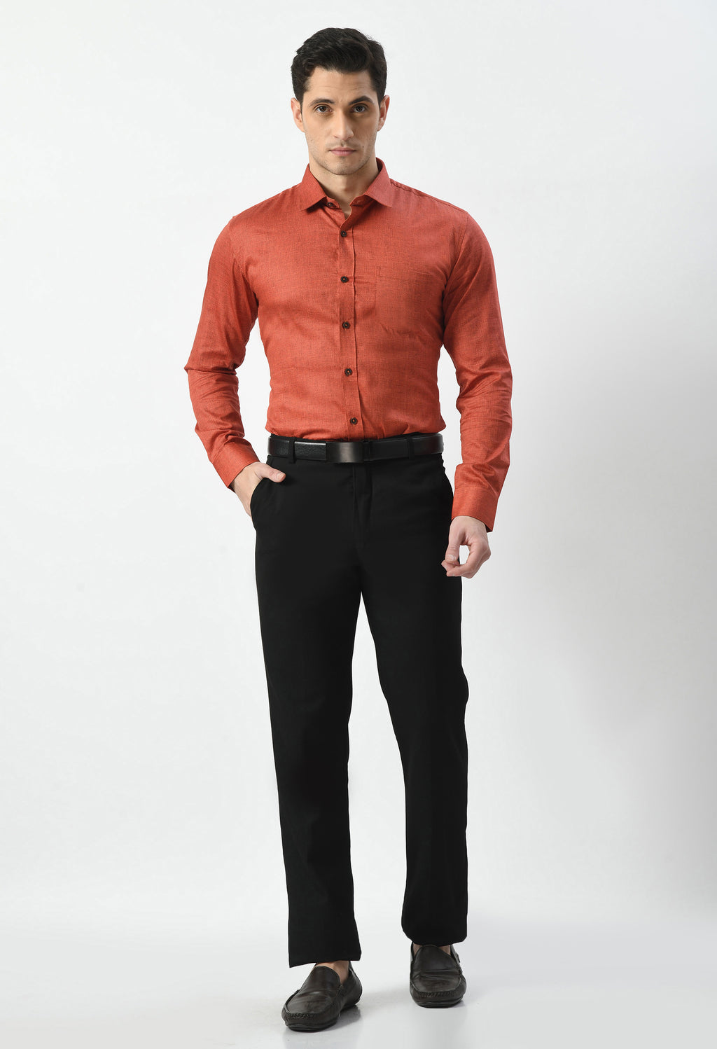 Men’s 100% Cotton Formal Shirt – Rust Orange Micro Print