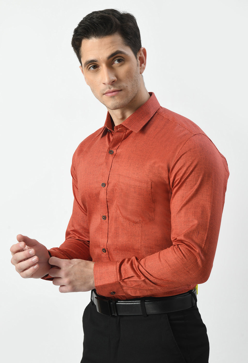 Men’s 100% Cotton Formal Shirt – Rust Orange Micro Print