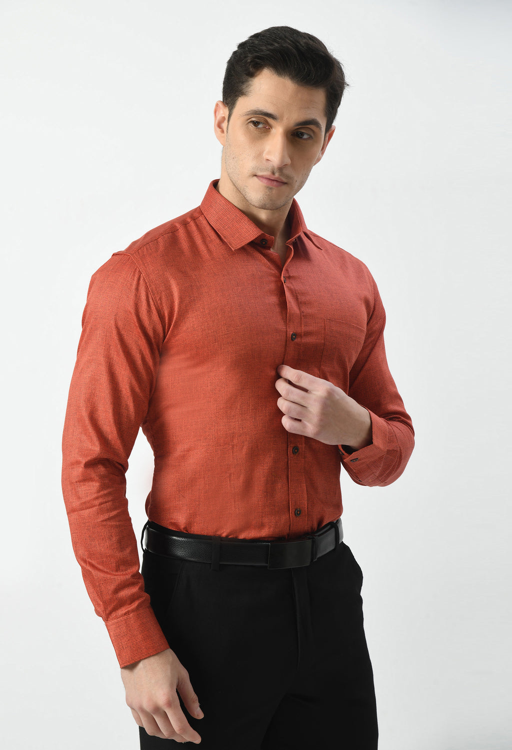 Men’s 100% Cotton Formal Shirt – Rust Orange Micro Print