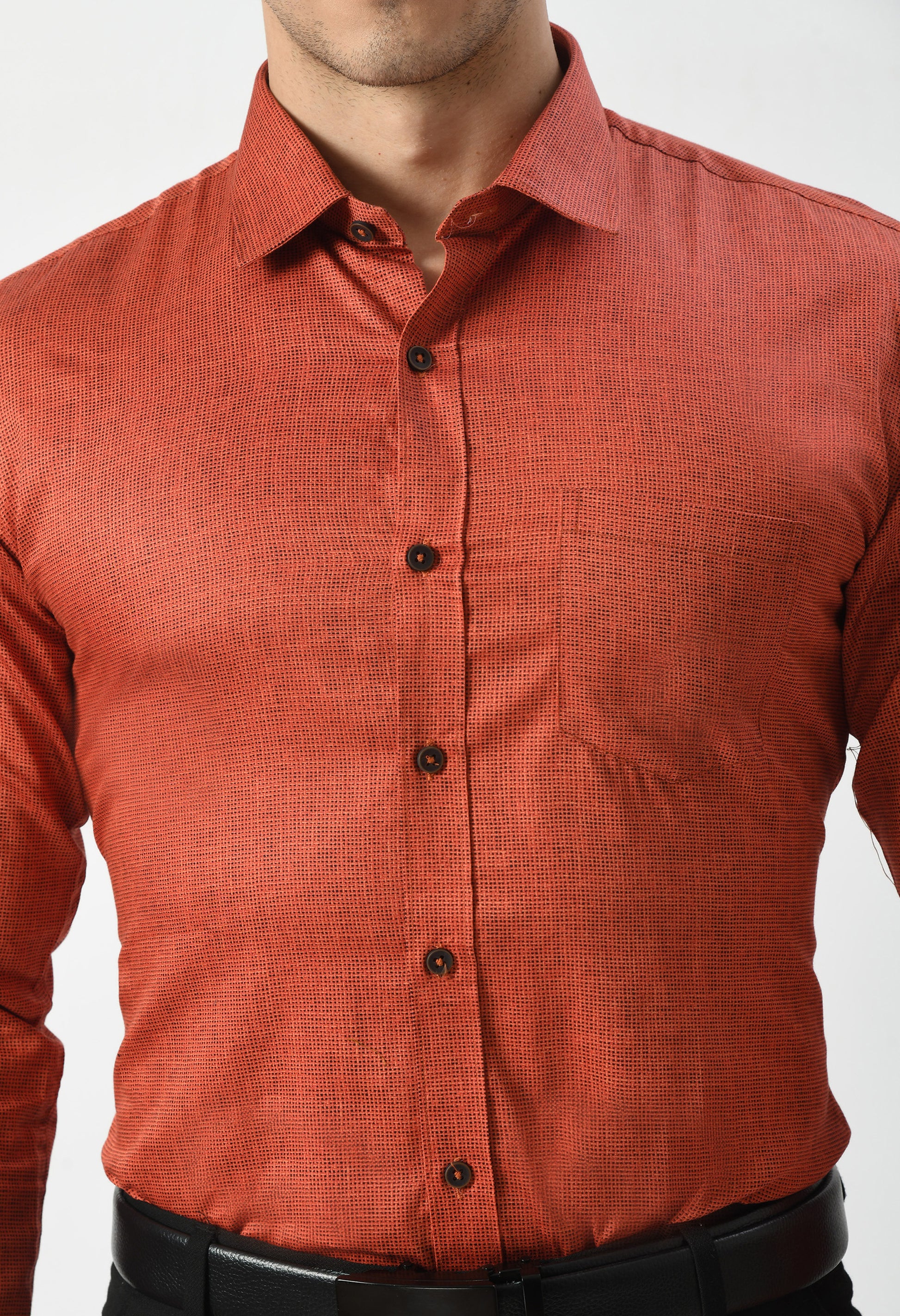 Men’s 100% Cotton Formal Shirt – Rust Orange Micro Print