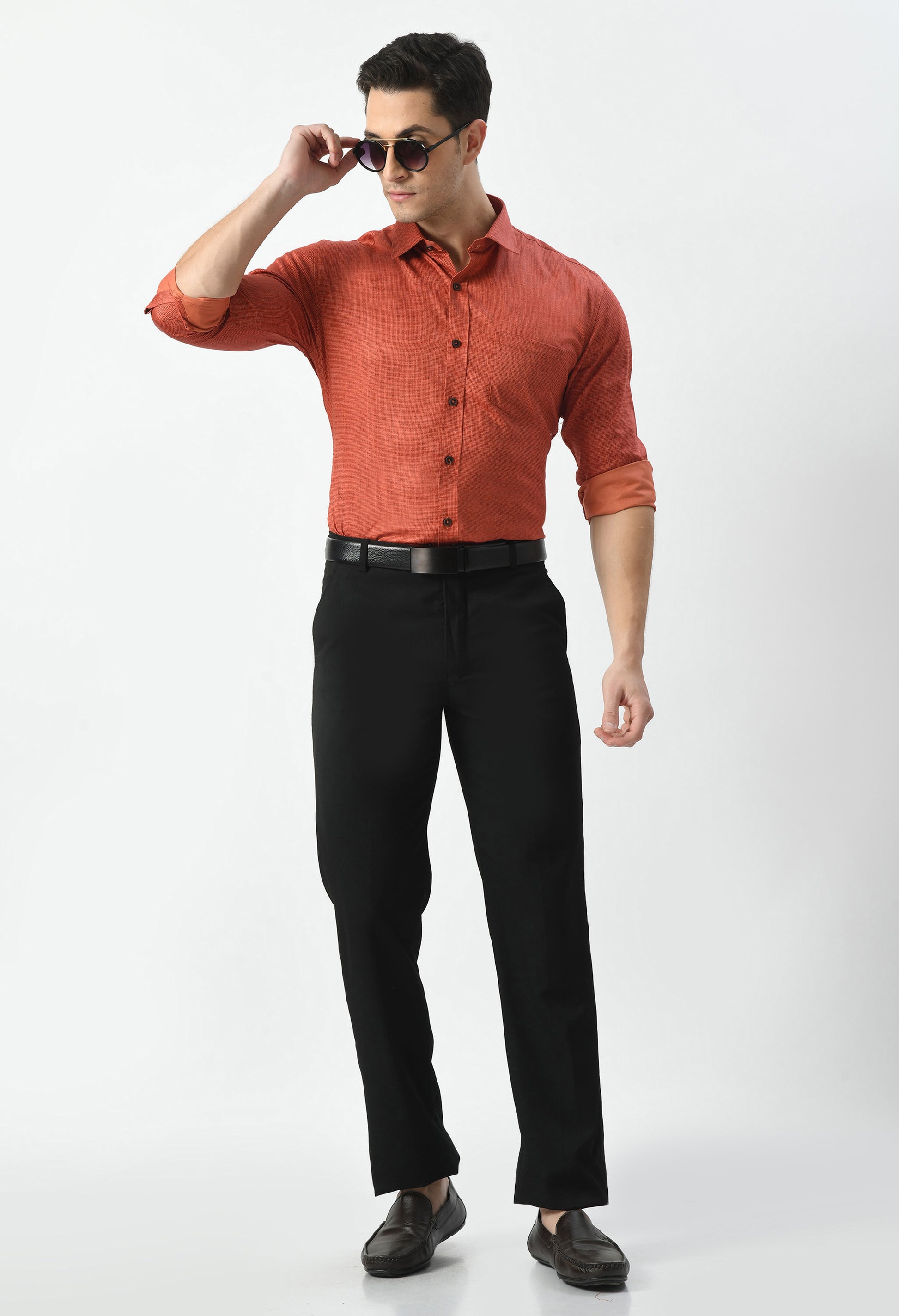 Men’s 100% Cotton Formal Shirt – Rust Orange Micro Print