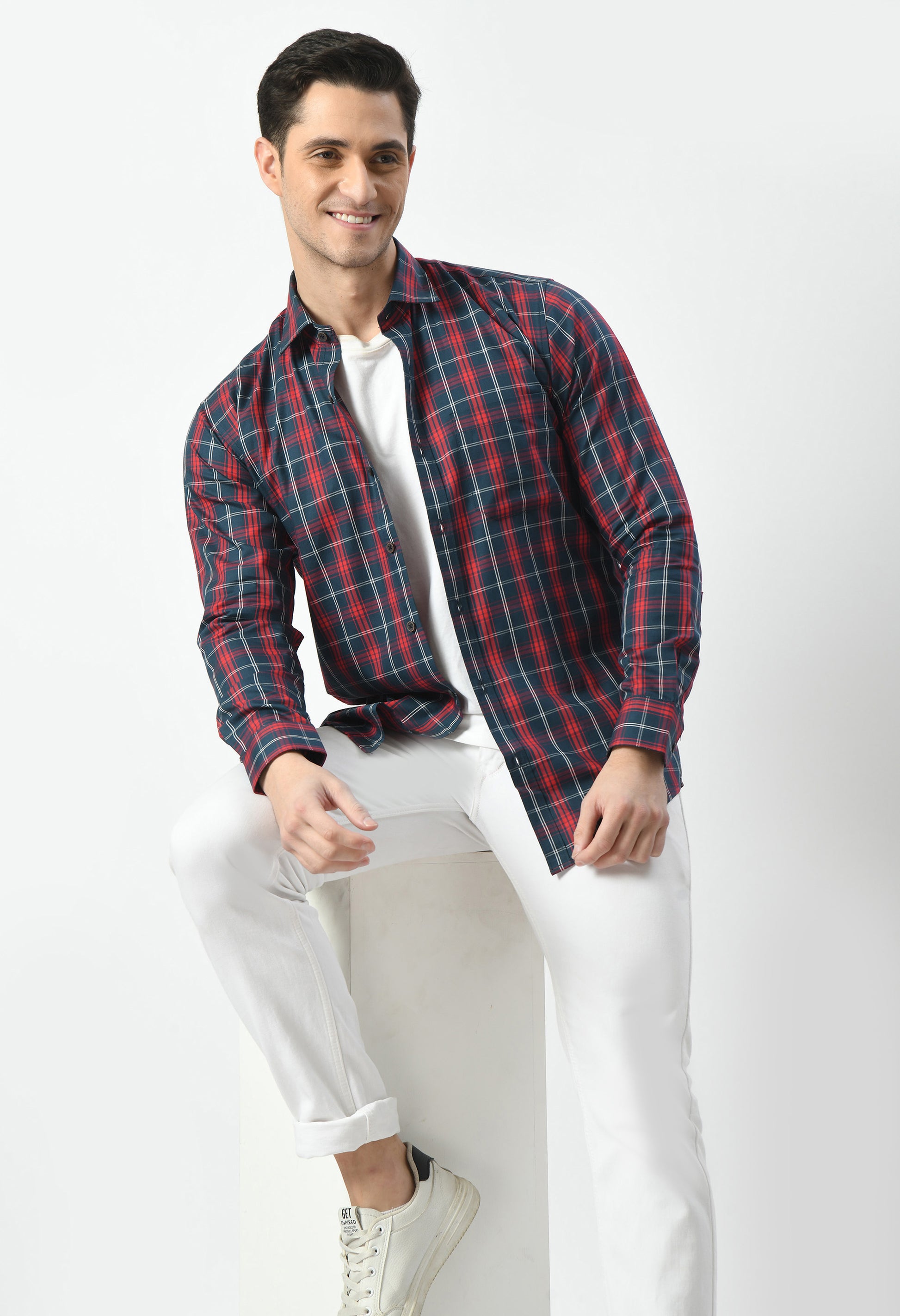 Men’s 100% Cotton Checkered Shirt – Navy, Maroon & white - By Aurum Luxe