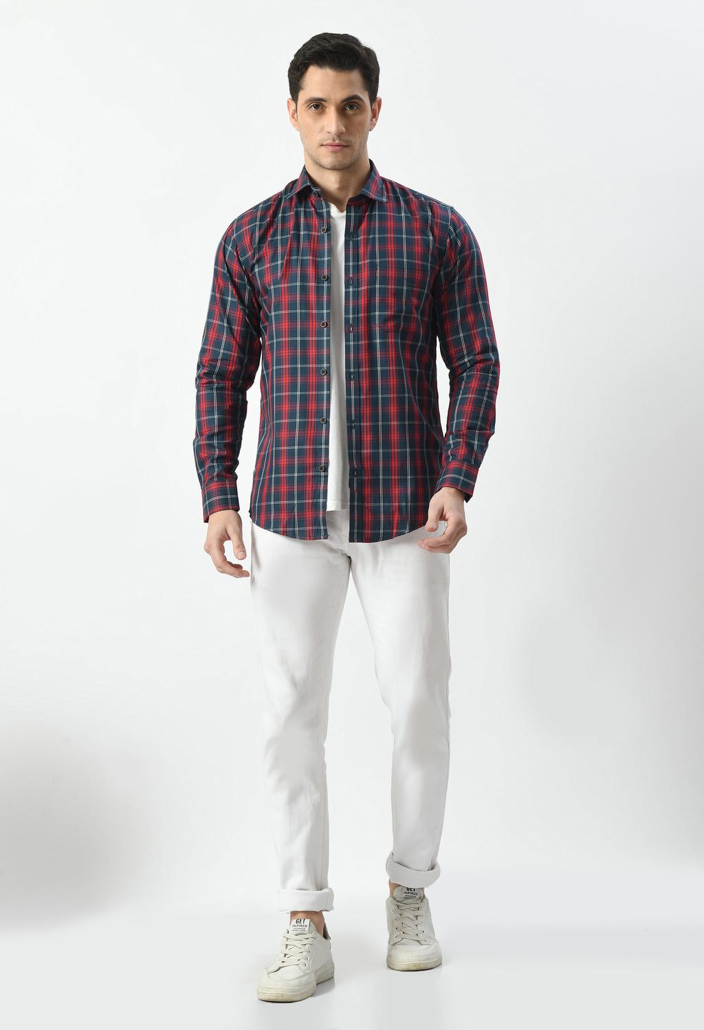 Men’s 100% Cotton Checkered Shirt – Navy, Maroon & white - By Aurum Luxe