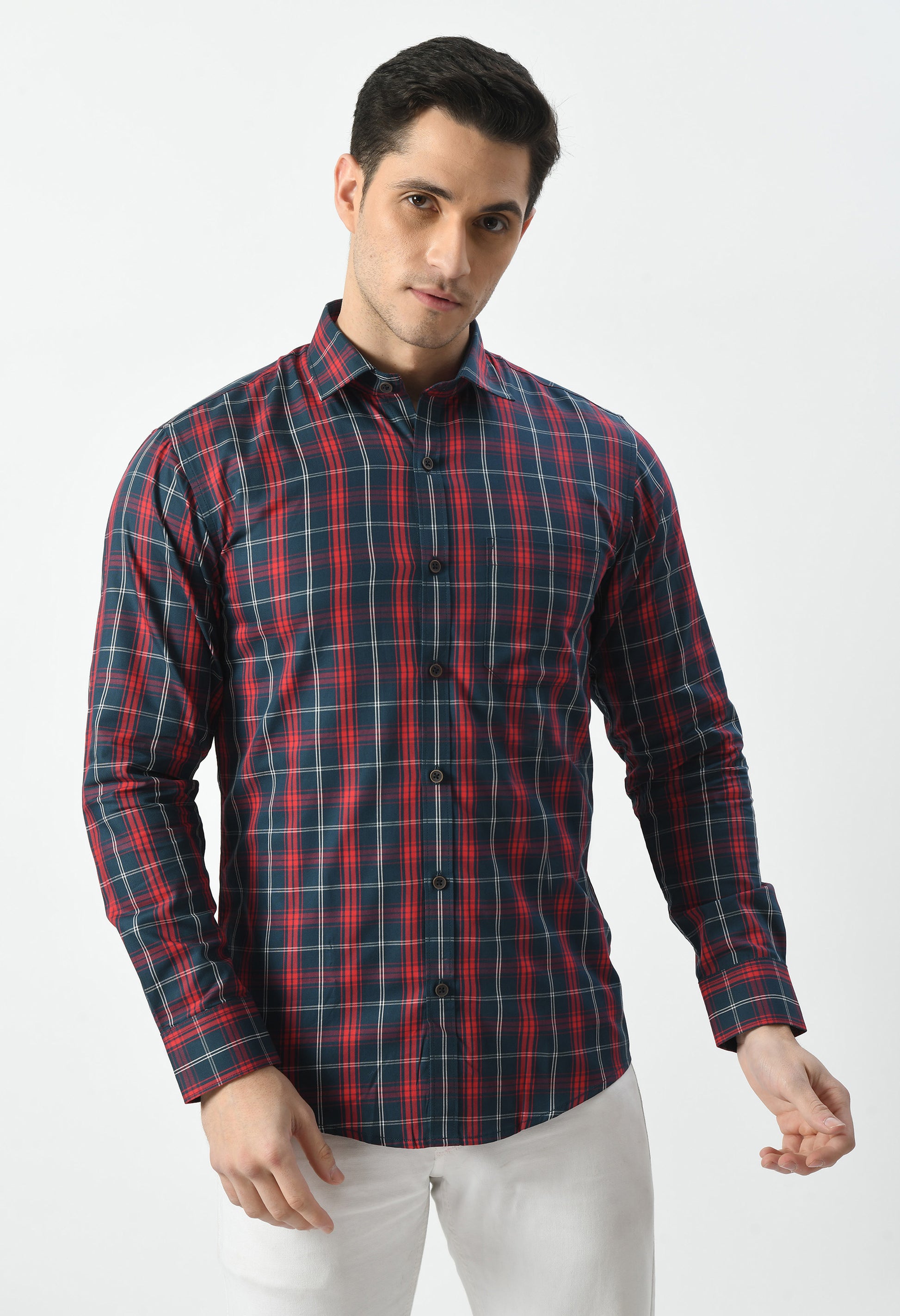 Men’s 100% Cotton Checkered Shirt – Navy, Maroon & white - By Aurum Luxe