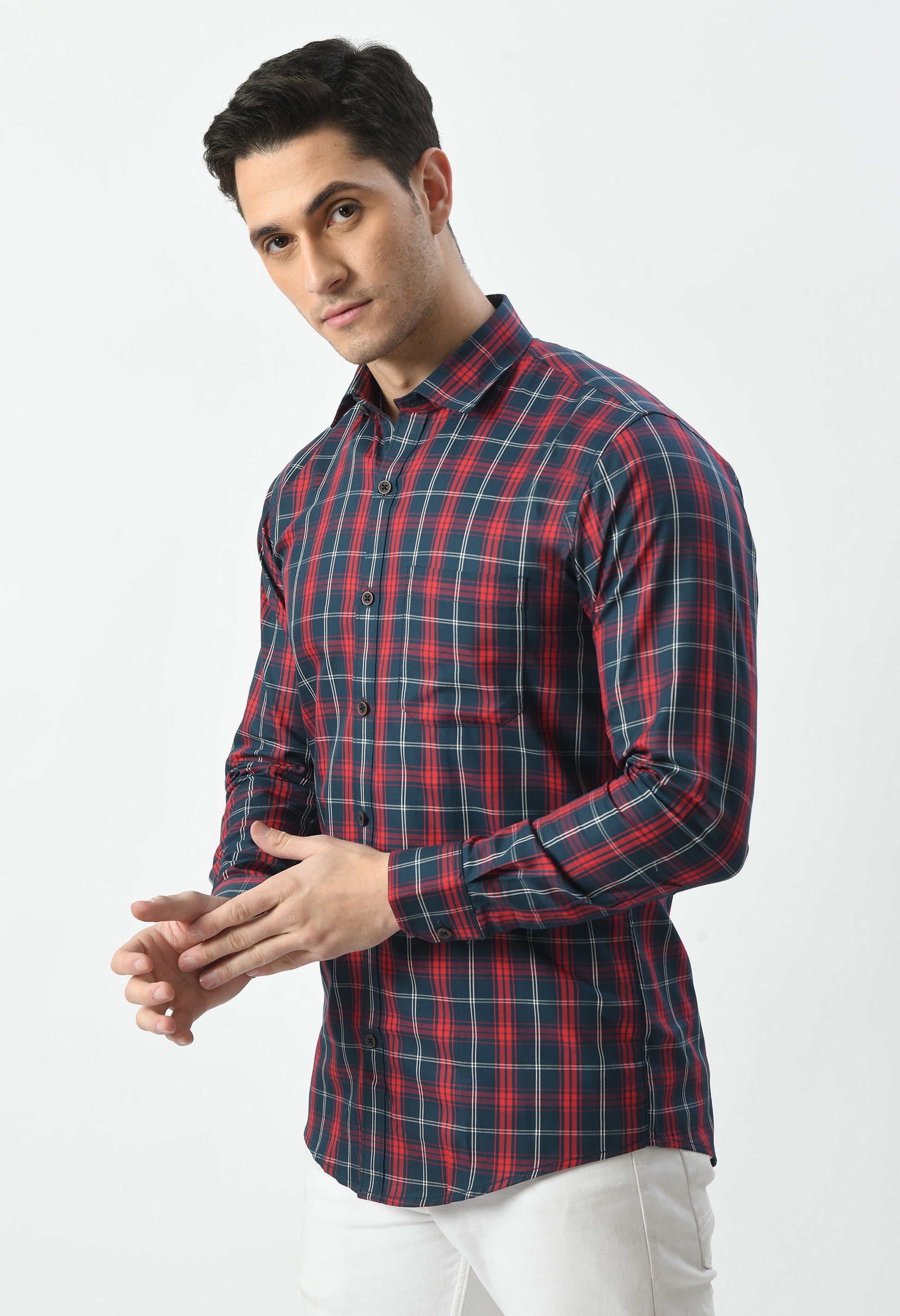 Men’s 100% Cotton Checkered Shirt – Navy, Maroon & white - By Aurum Luxe
