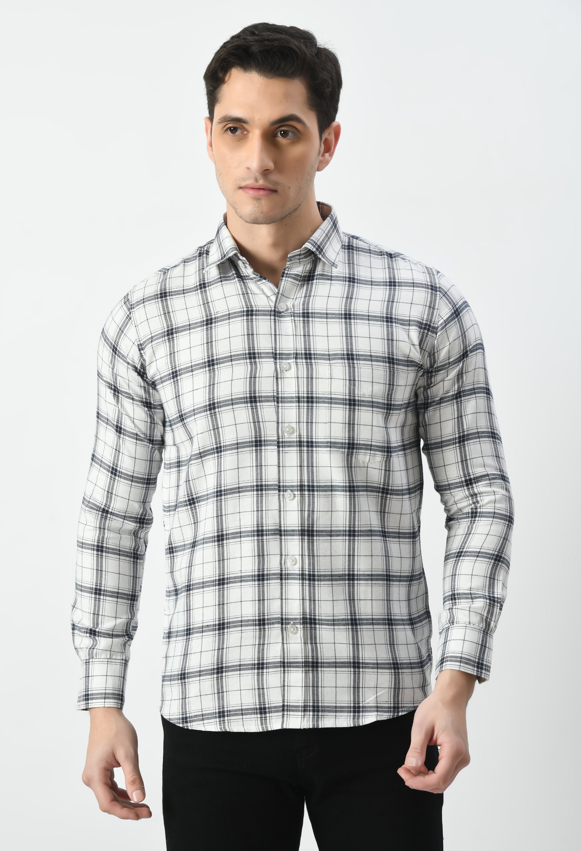 Aurum Luxe Men’s 100% Cotton Formal Shirt – White & Black Checkered