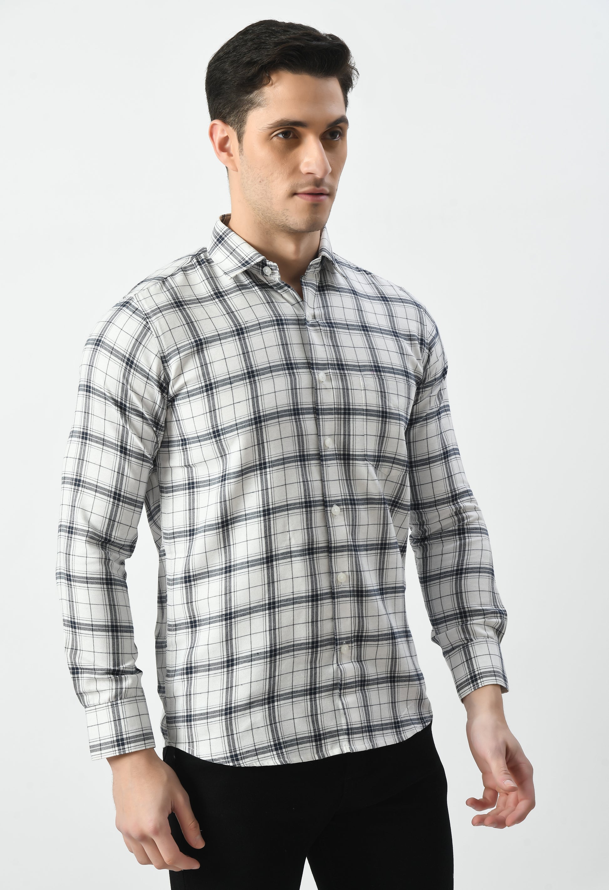 Aurum Luxe Men’s 100% Cotton Formal Shirt – White & Black Checkered